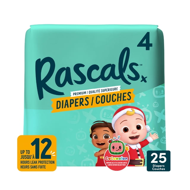 Rascals Premium Couches à Imprimé des Fêtes CoComelon Taille 4 Lot de 25 avec protection contre les Fuites jusqu'à 12 Heures, avec une Édition Limitée d'Impressions Festives de Personnages CoComelon sur Fond Sarcelle.
