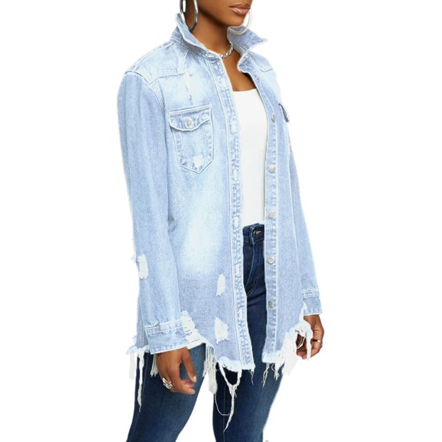 Women Jean Jacket Long Sleeve Classic Distressed Butterfly Denim Overized Shirt Outwear