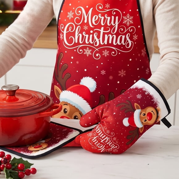 Fzsteel Christmas Kitchen Set 3 Pcs Apron Microwave Glove Oven Mitt for Cooking Baking Holiday Decor Gift for DIY Craft Project Display and Gift