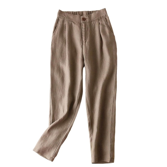 Timegard Cotton Linen Pants for Women featuring an elastic high-waisted design with button closure and ruched detailing. These casual trousers include side pockets and are crafted from a breathable blend of 95% polyester and 5% spandex, offering a lightweight and comfortable fit. The pants are shown in a neutral tone, suitable for pairing with various tops and accessories for casual outings or lounging. The relaxed fit and flexible waistband ensure ease of movement.