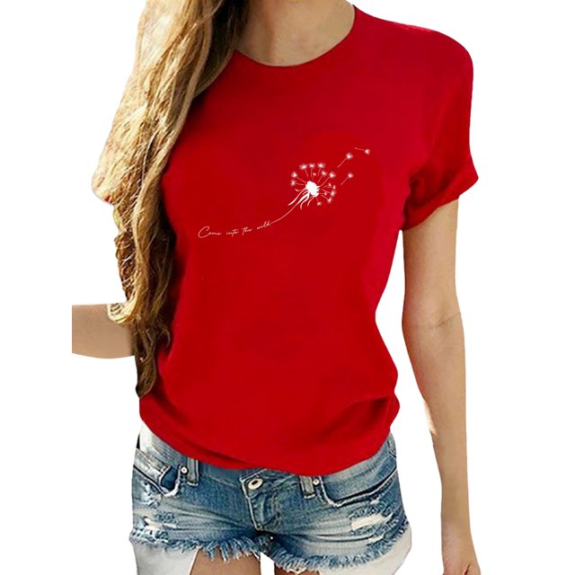 Innerwin Hauts Imprimé Pissenlit T-Shirts pour Femmes Vacances Col Rond Vintage Rouge P