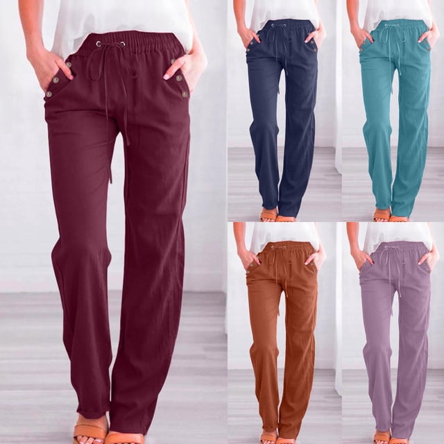 Sentmoon Women Linen Pants Solid Color Drawstring High Waist Women's Sweat Pants Oversized Relaxed Fit Button Straight Leg Summer Womens Travel Pants with Pocket Holiday for Lounge and Sleep