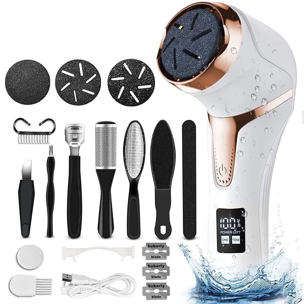 Éliminateur de Callosités Électrique pour Pieds Rechargeable Outils de Pédicure Kit de Soin Professionnel des Pieds Éliminateur de Peau Morte avec 3 Têtes & 2 Vitesses Noir
