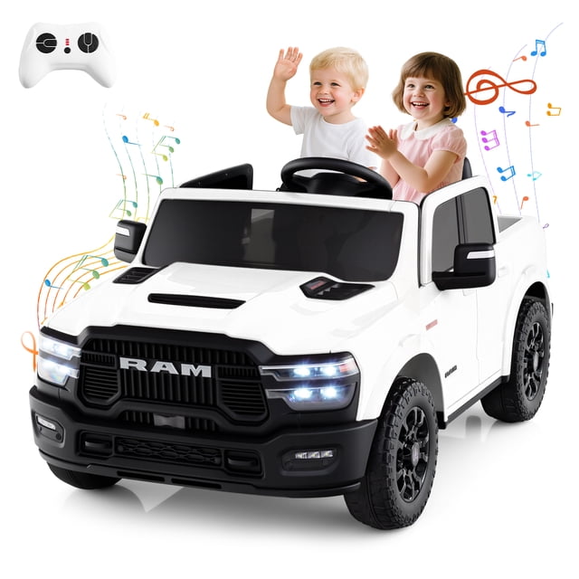 Gymax Camion à Chevaucher 24V 2 Places avec Télécommande 3 Vitesses Bluetooth Phare DEL Blanc
