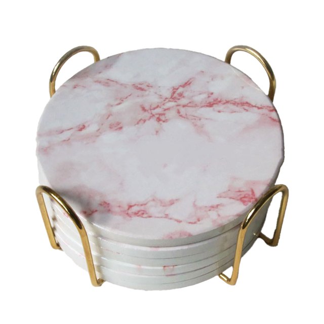 6 Pcs de sous-Verres en Marbre Rose Mignons avec Support, sous-Verres en Céramique Absorbants, sous-Verres Ronds pour Thé, sous-Verres Modernes pour Table, sous-Verres pour Boissons