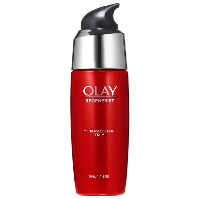 Olay Regenerist Micro-Sculpting Serum face moisturizer in a red 50 mL (1.7 fl oz) bottle with a silver pump and black nozzle, featuring a fast-absorbing, non-greasy formula with Amino-Peptide Complex II for anti-aging hydration and skin firming, suitable for daily facial treatment use.
