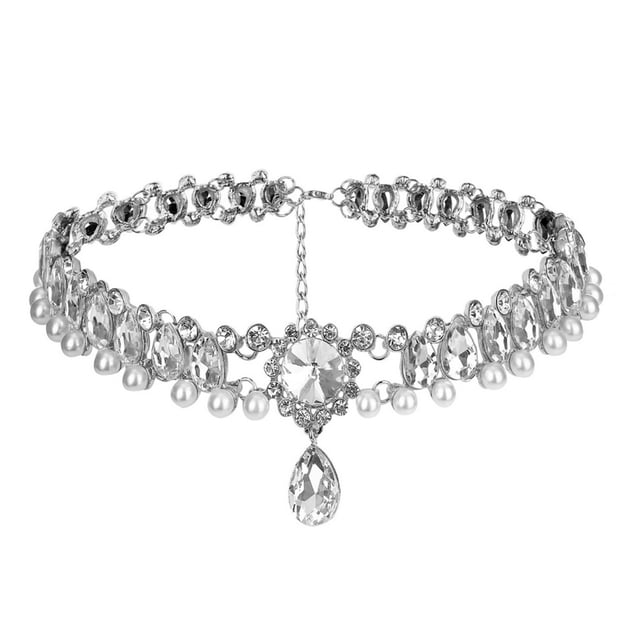 Collier Élégant Breloque Perle Simulée et Perles en Strass Collier Ras-du-Cou pour Femmes (Argent)
