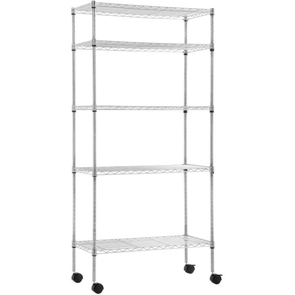 BestOffice FDW Étagère Grillagée à 5 Niveaux 30"x14"x60 Pouces, Roulettes, Rack de Rangement en Métal Ajustable, Acier Robuste pour Cuisine, Garde-Manger, Garage, Chrome