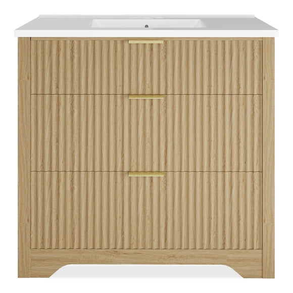Modern Fluted Bathroom Vanity with Ceramic Basin, Freestanding Farmhouse Cabinet with 2 Drawers and Tip Out Storage, Easy Assembly for Powder Room, 24 30 36 Inch, Walnut White Wood Color