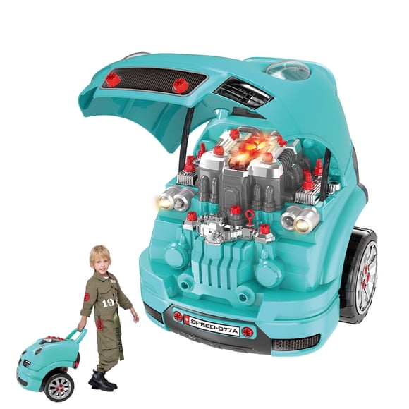 Qaba Ensemble de Jouets de Moteur de Camion pour Enfants Mécanicien, Ensemble de Jeu de Service Automobile, Sarcelle
