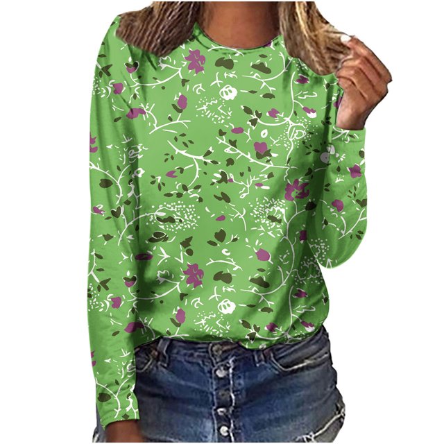 Pompotops Femmes Dames Col Rond Hauts Amples Décontractés T-Shirts Imprimés Blouse à Manches Longues en Solde