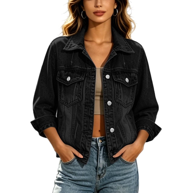 Timegard Women's Basic Button down Stretch Fitted Long Sleeves Denim Jacket Collared Crop Jean Jackets Fashion,Black,L