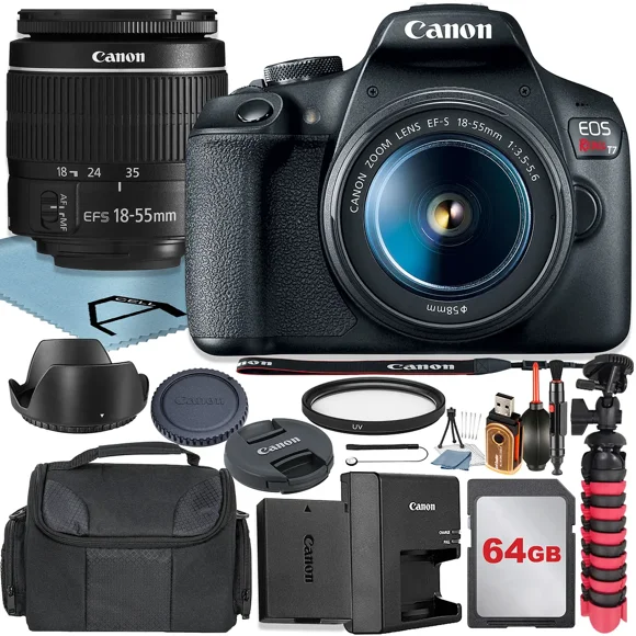 Canon EOS Rebel T7 DSLR Camera 24.1MP with 18-55mm Lens + 64GB Memory Card + Case + Tripod + UV Filter + A-Cell Accessory Bundle
