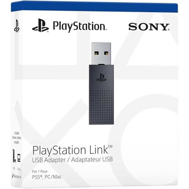PlayStation Link USB adapter displayed with its white retail box featuring PlayStation and Sony logos, a black USB device with PlayStation logo and patterned surface, designed for PS5, PC, and Mac, enabling stable, low-latency wireless audio connection for gaming and computer accessories.