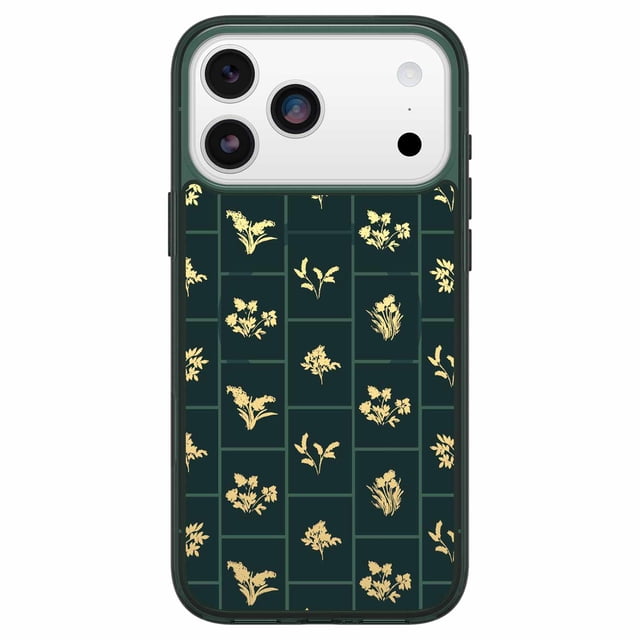 OtterBox Symmetry Clear MagSafe Case w/Camera Control Golden Bloom (Green) for iPhone 17 Pro Max with a slim, clear dark green design featuring a golden floral grid pattern, raised edges for camera protection, built-in anchors for straps, and integrated MagSafe magnets for wireless charging.