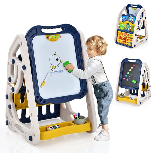 Patiojoy 3-in-1 Height Adjustable Kids Art Easel Double Sided Magnetic Whiteboard & Chalkboard with Book Rack Blue