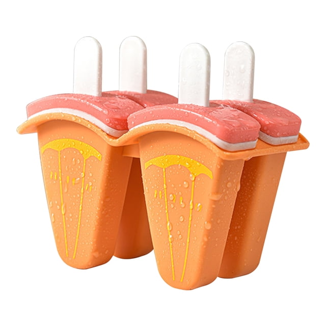 Popsicle Mould, Silicone Ice Pop Molds in a vibrant orange color with four compartments, featuring a watermelon-themed design. The reusable ice pop maker includes white handles and is designed for making homemade popsicles using yogurt, juice, or smoothies. The flexible silicone material allows for easy release and cleaning, making it ideal for family gatherings or children's parties.