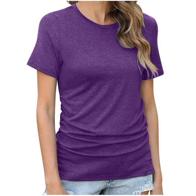 RKSTN Hauts pour Femmes Tendance Été Couleur Unie Col Rond Manches Courtes Chemises Décontractées Coupe Ample Basique Tunique Polyvalente Blouse Hauts