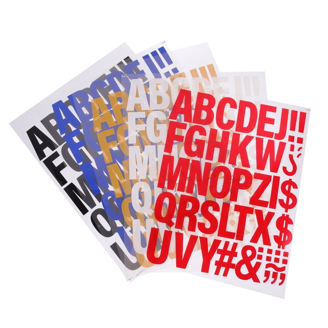5Pcs Iron On Letters Clothes Letter Patches with vibrant yellow, blue, red, white, and black flocking material. The patches are displayed on transparent sheets, showcasing bold uppercase letters and symbols. Suitable for heat transfer, sewing appliques, DIY crafts, clothing decoration, or repairs. Ideal for tailoring, home use, or creative projects.