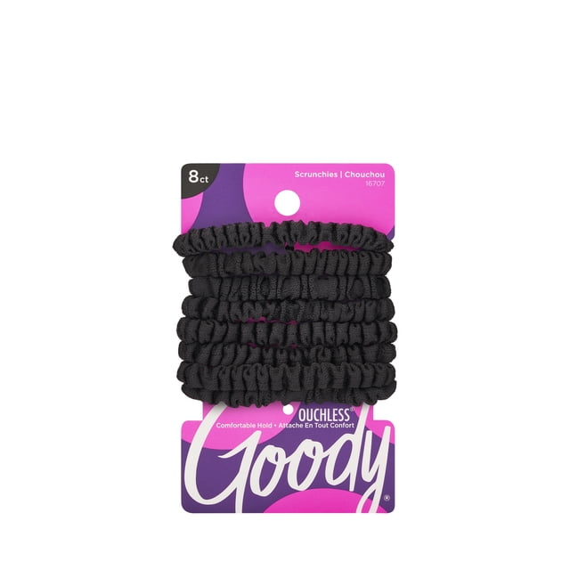 Goody Chouchou Mince pour Chevalier Mini - Chouchous en Tissu Noir 8 Ct Serrés en Spirale sur Carte de Marque Goody Violette et Rose, Conçus pour une Prise Confortable et Sécuritaire, Idéals pour les Queues de Cheval Basses, Chignons Ou Nœuds du Dessus Tout en Gardant les Cheveux Dégagés du Visage.