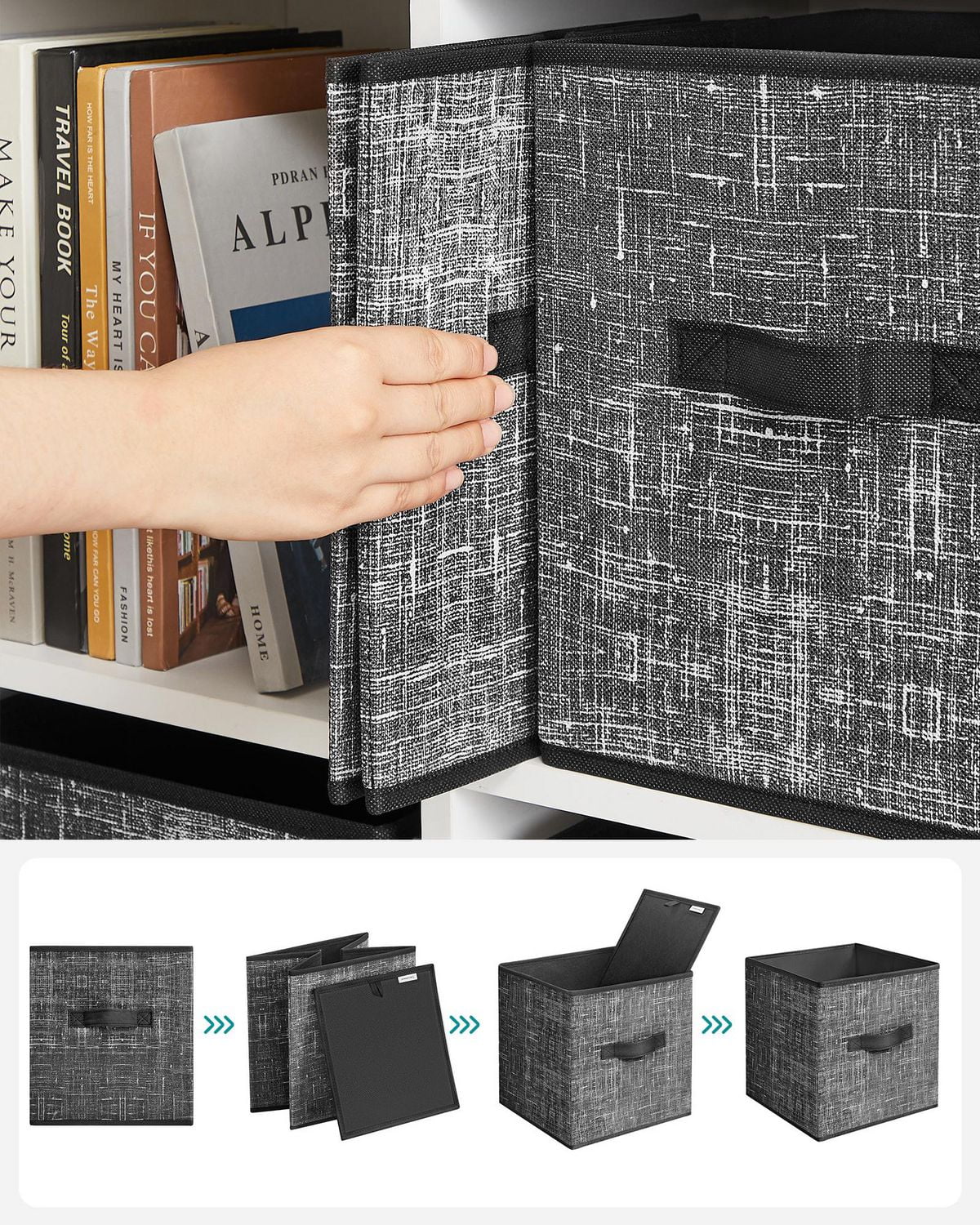 Songmics Home - Lot de 6 cubes de rangement de 11" - Bacs de rangement pliables en tissu avec poignées, noir classique