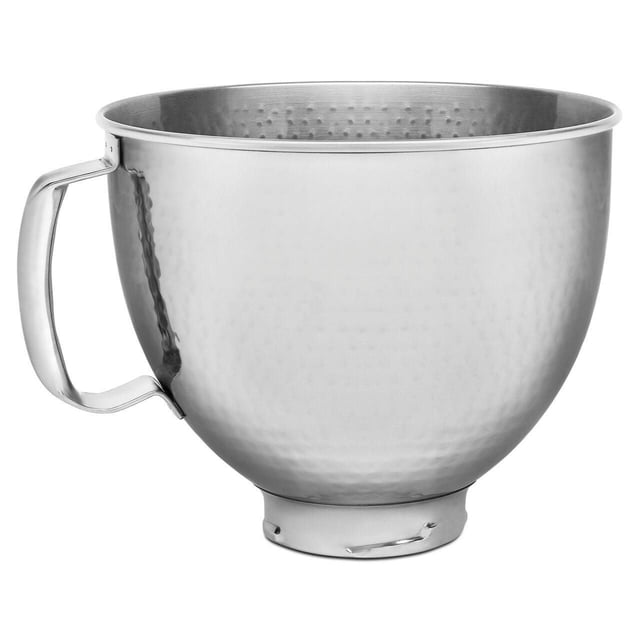 KitchenAid® 5 Quart Tilt Head Hammered Stainless Steel Bowl with ergonomic handle and hammered texture, dishwasher-safe and fits 4.5 and 5 Quart KitchenAid Tilt-Head Stand Mixers, ideal for mixing dough and batter.