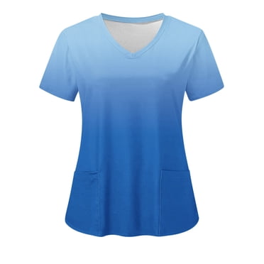 EQWLJWE Women's Plus Size Short Sleeve V-Neck Scrub Top, Gradual Printed, Pocket