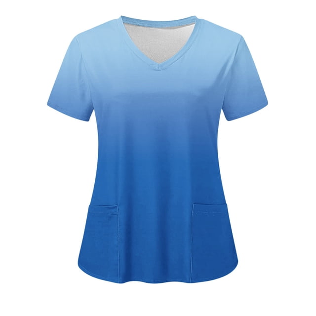 LSLJS Women's Fashion Short Sleeve V-Neck Tops Working Uniform Printing Pocket Blouse Tops, Womens Plus Scrubs