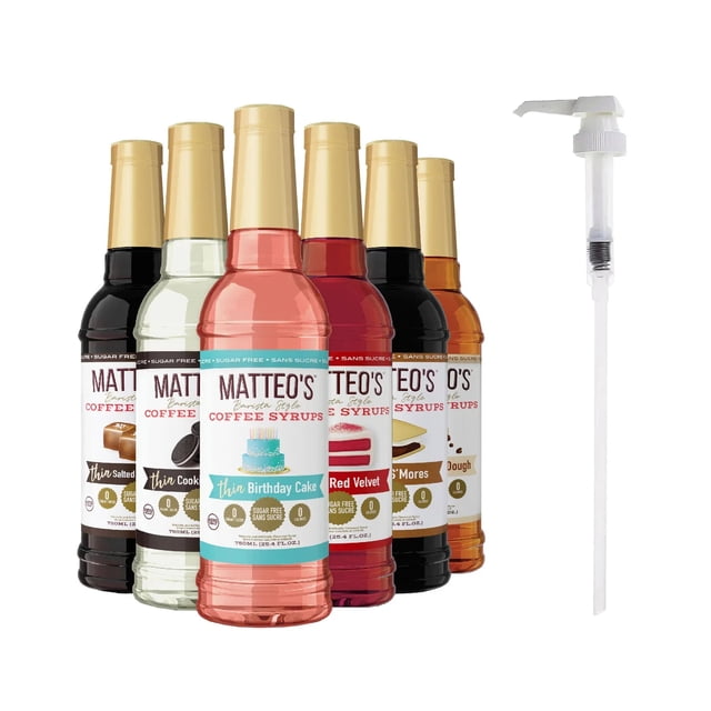 Matteo's Sugar-Free Coffee Syrup, Dessert Variety Pack, 6 × 750 mL + 1 pump