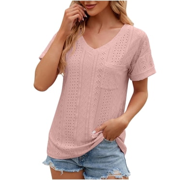 asjyhkr Womens V Neck Summer Tops Short Sleeve Loose Fitting T Shirts Solid Color Fashion Tees
