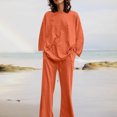 thumbnail image 4 of EGNMCR Women 2 Piece Linen Outfits Solid Color Long Sleeve Suit Drawstring Wide Leg Pants with Pockets Womens Lounge Sets, 4 of 7