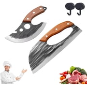 2 PCS Hand Forged Kitchen Knife, Hand Forged Chef Knife, Premium Hand-Forged Chef's Knifes & Cleaver Set, Ergonomic Non-Slip Handle for Household Cooking, Meat Cutting, Outdoor BBQ & Camping (A)