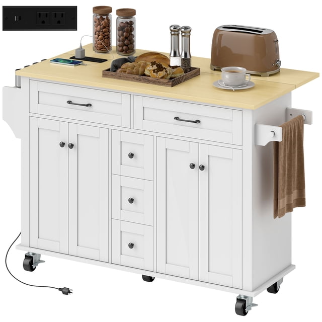 HOMCOM 55" Kitchen Island with Power Outlet & Drop Leaf Kitchen Cart in white, featuring a natural wood finish countertop. The island includes a drop leaf for extended workspace, two power outlets, USB and USB-C ports, five drawers, two cabinets with adjustable shelves, a side spice rack, and a towel bar. It is equipped with five casters for mobility, two of which have brakes for stability. The soft-close doors and engineered wood frame support up to 265 lbs. Shown with kitchen items like a toaster, bread, and spices on the countertop.