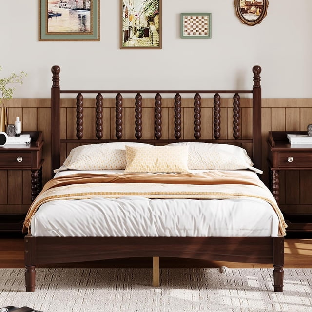 Jingyu Full Size Wood Platform Bed with Gourd Shaped Headboard, Retro Style Wooden Bed Frame with Slat Support, No Box Spring Required, Classic Platform Bed for Bedroom, Walnut Finish