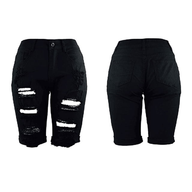 Leutsin Women Elastic Destroyed Hole Leggings Short Pants Denim Shorts Ripped Jeans