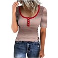 thumbnail image 1 of FAIWAD Tuniques à Manches 3/4 pour Femmes, Hauts Boutonnés à Encolure Dégagée, Chemises Côtelées, T-Shirts Graphiques à Rayures Décontractés d'Été, 1 of 4