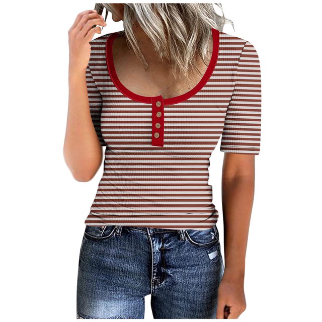FAIWAD Tuniques à Manches 3/4 pour Femmes, Hauts Boutonnés à Encolure Dégagée, Chemises Côtelées, T-Shirts Graphiques à Rayures Décontractés d'Été