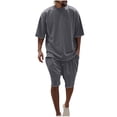 thumbnail image 1 of Mikilon Tenues Tendance pour Hommes Ensemble 2 Pcs Blouse/chemise à Manches Courtes Col Rond Mode Décontractée Couleur Unie Manches Courtes Blouses Chemises Ensembles Gris Foncé 2TG, 1 of 8