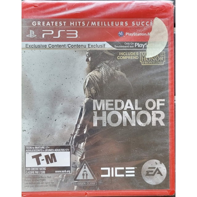 Nouvelle Édition Medal Of Honor Greatest Hits pour Sony PlayStation 3, Scellée dans l'Emballage d'Origine. la Coque Met en Vedette un Soldat en Tenue de combat avec une Arrière-Plan Robuste, Mettant en Valeur le Jeu intense. Inclut Medal Of Honor Frontline et un Contenu Exclusif. Classé T-M pour Ados à Mûrs 17+ par ESRB.