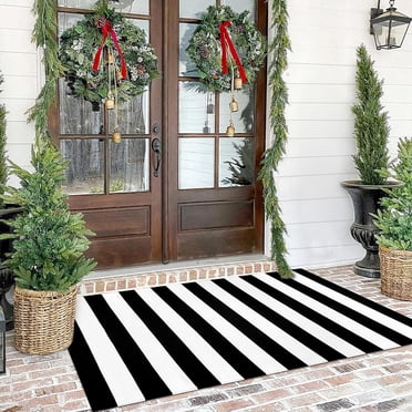 Tapis Rayé Noir et Blanc, Tapis d'Extérieur d'Automne pour Porte d'Entrée, Tapis Lavable pour Déco de Porche avant, Tapis de Bienvenue Printemps Été Extérieur Intérieur, Paillasson pour Ferme/entrée/entrée de Maison