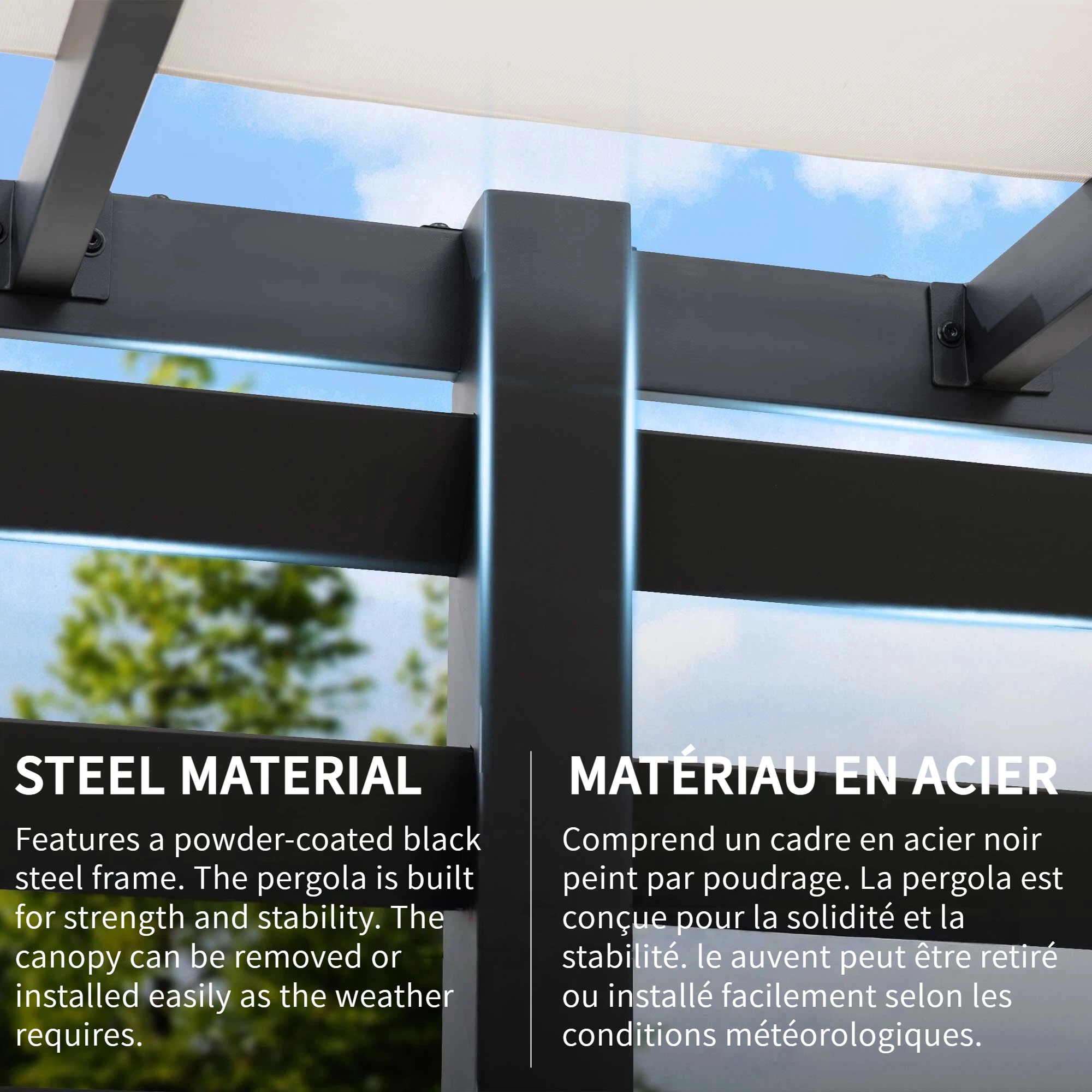 Sunjoy Pergola de jardin métallique moderne 10 x 12 pi avec toit réglable blanc et mur de confidentialité.