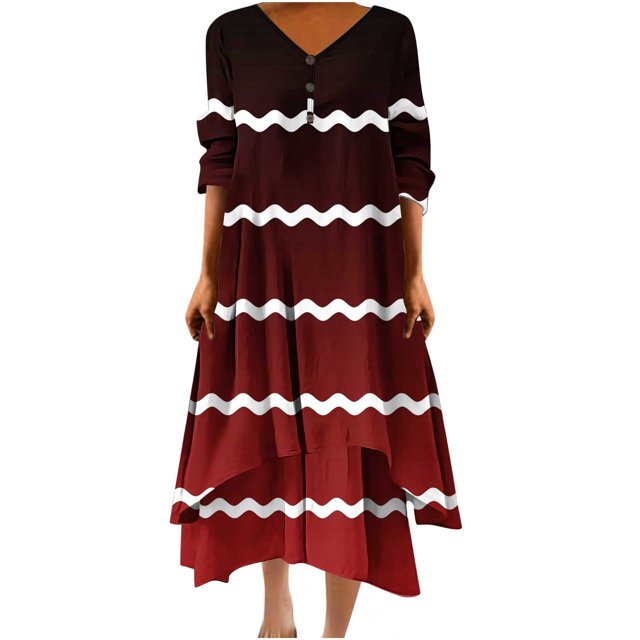Women's Tea Length Loose Dress Pajamas Solid Color Elegant Casual Ruffle Clearance Long Sleeve Trendy V Neck Button Spring Red M