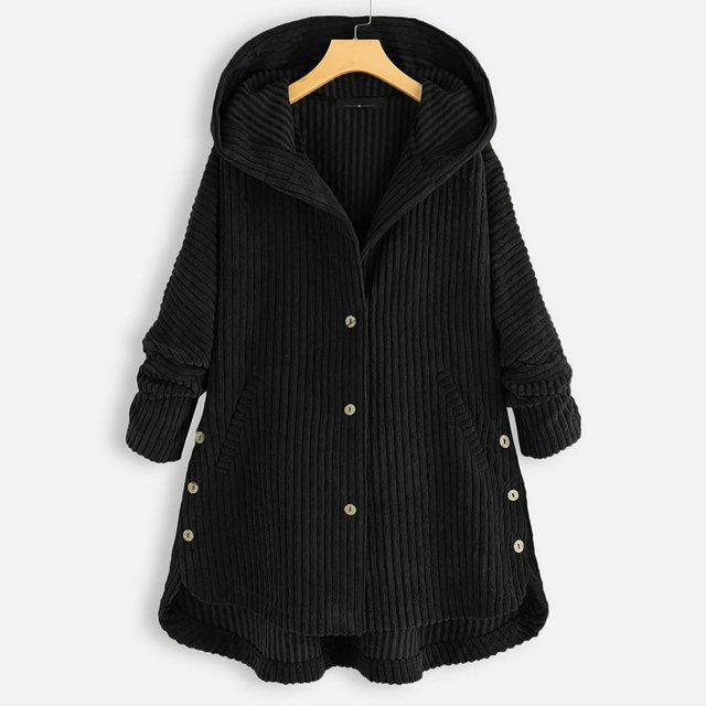 Women‘s Casual Solid Color Pocket Button Loose Hooded Coat