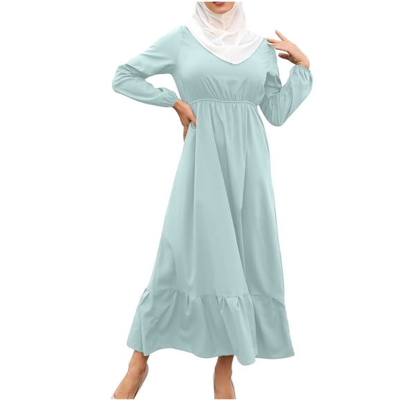 Ersazi Modest Dresses for Women Women's Summer Dresses for Women Muslim Zipper Solid Color Long Sleeves Dress In Clearance Green Xl