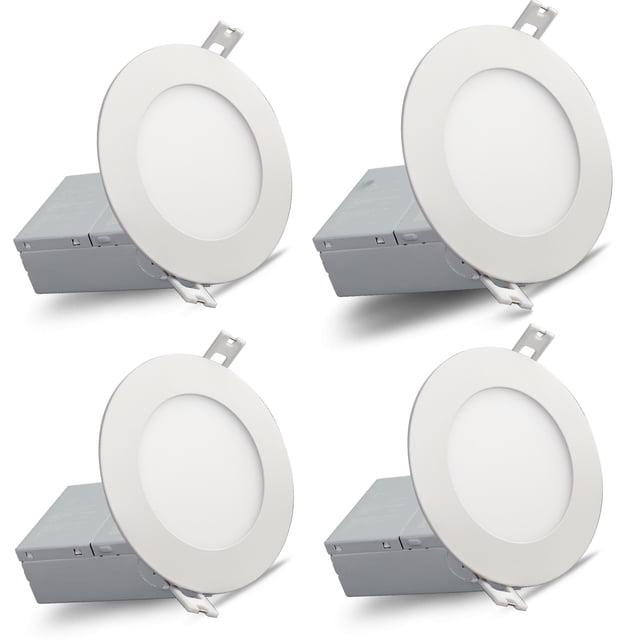 QPLUS Luminaires Encastrés Minces à DEL de 4 Po à Intensité Réglable (Lot de 4) Conçus pour l'Éclairage Encastré et les Plafonniers. Panneaux Ultra-Minces avec Cadre en Aluminium Moulé sous Pression Assurent une Excellente dissipation de la Chaleur. Chaque Lumière Fonctionne à 10 W, Équivalant à 75 W, Produisant 750 lumens avec un angle de Faisceau de 140°. Certifiée Energy Star et Homologuée IC pour un contact direct avec l'Isolation. Comprend des Ressorts à Pression pour
