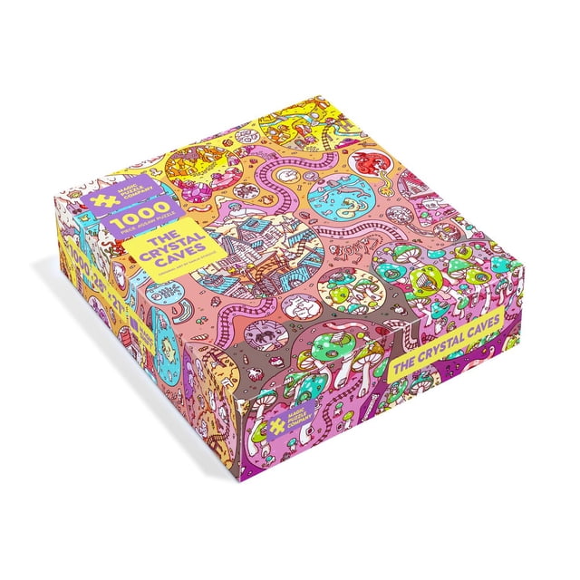 Les Grottes de Cristal Casse-Tête de 1000 Pcs de la Série Magic Puzzle Company Deux avec une Boîte Colorée Montrant des illustrations Fantaisistes de Grotte et de Champignon, Scènes Circulaires Reliées par des Sentiers Sinueux, Inspirées par des illusions d'Optique et le design du Jeu, Imprimées sur du Carton de Qualité Supérieure Sans Poussière de Casse-Tête.