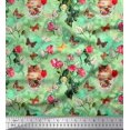 thumbnail image 1 of Soimoi Tissu Vert Moss Georgette Chat, Insectes & Roses Imprimé Fleurs Tissu de Couture BTY 42 Pouces de Large, 1 of 3
