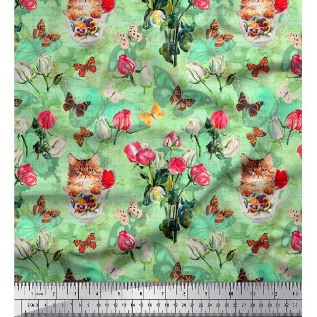 Soimoi Tissu Vert Moss Georgette Chat, Insectes & Roses Imprimé Fleurs Tissu de Couture BTY 42 Pouces de Large