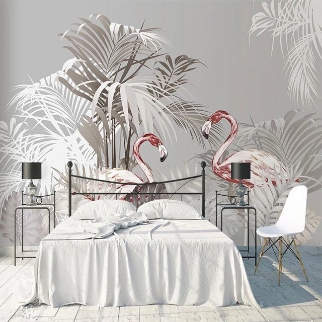 Papier Peint 3D Flamant Rose Plante SKU# WAL0291