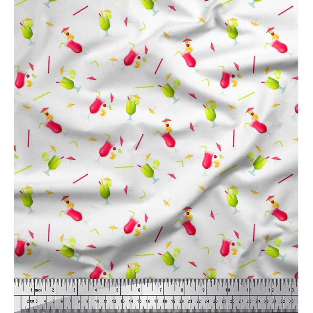 Soimoi Polyester Crepe Fabric Straw & Juice Beverages Print Sewing Fabric Yard 42 Inch Wide